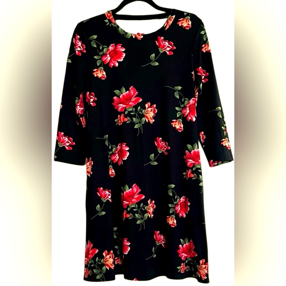 BYE & BYE Black/Dark Pink/Hot Pink/Green Floral Long Sleeve Dress, Medium, GUC.